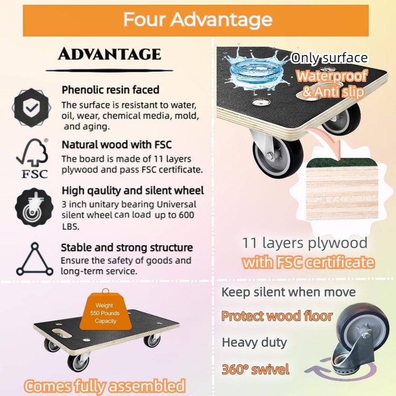 HBFBDRCT Furniture Dolly 4 Wheels, 22 x 11 inch, Furniture Movers, Two Packs of 1100 lb Load Capacity Heavy Duty Wood Dolly, Moving Dolly with Silent Wheels for Furniture, Piano, Couch, Refrigerator - Image 3